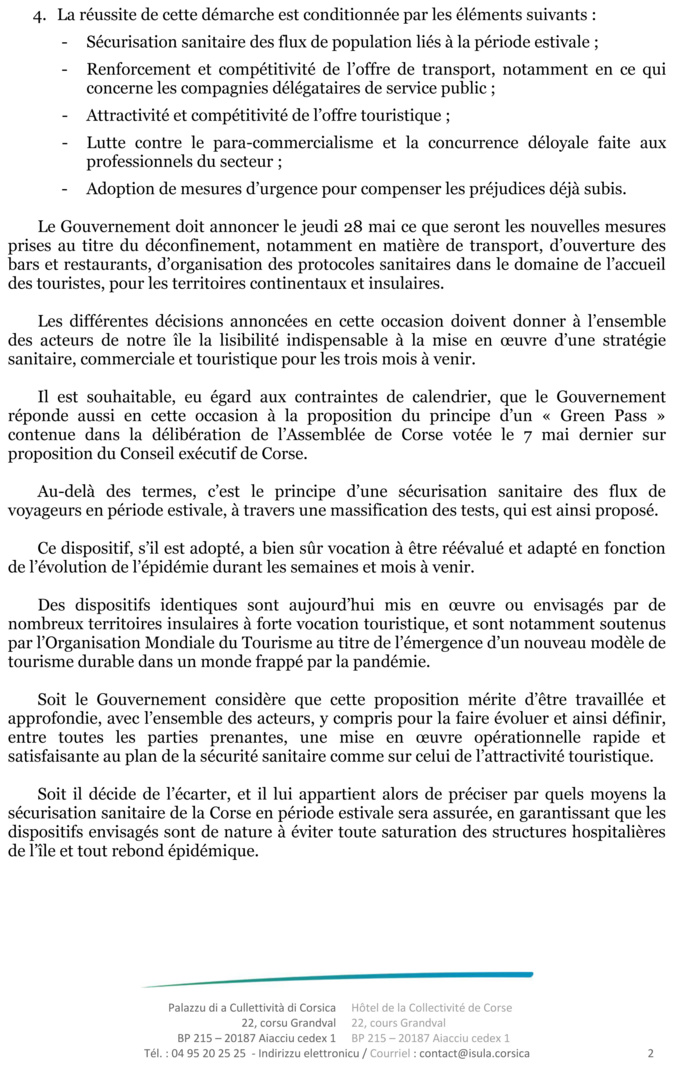 Sauver la saison touristique et garantir la sécurité sanitaire de la Corse pendant la période estivale :  Le Conseil exécutif de Corse demande au Gouvernement de faire connaître sa position