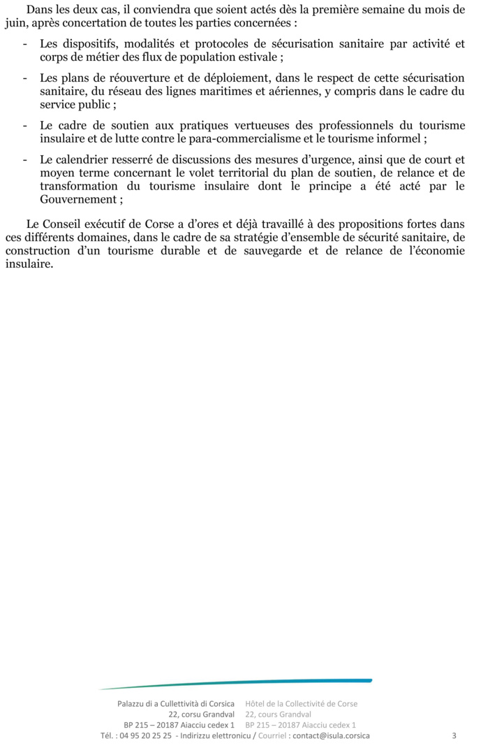 Sauver la saison touristique et garantir la sécurité sanitaire de la Corse pendant la période estivale :  Le Conseil exécutif de Corse demande au Gouvernement de faire connaître sa position