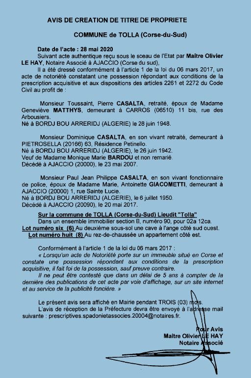 Avis de création de titre de propriété - commune de Tolla (Corse du Sud)