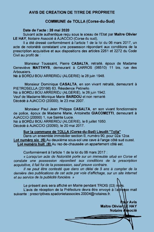 Avis de création de titre de propriété - commune de Tolla (Corse du Sud) Avis de création de titre de propriété - commune de Tolla (Corse du Sud)