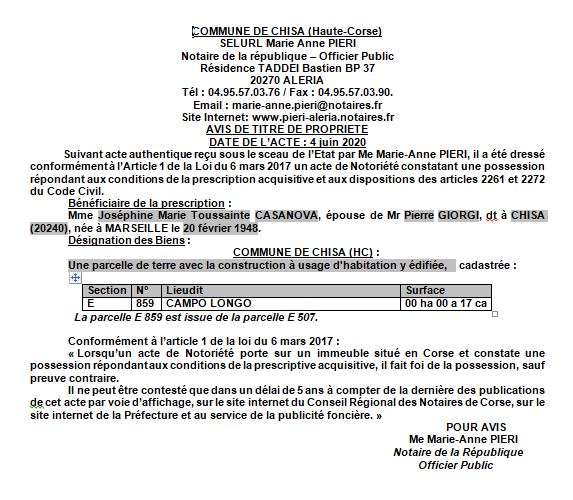 Avis de création de titre de propriété - commune de Perelli (Haute Corse)