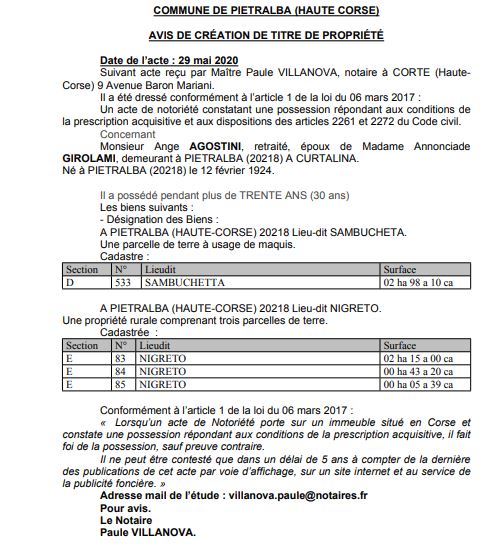 Avis de création de titre de propriété - commune de Pietralba (Haute Corse)