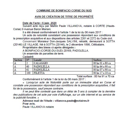 Avis de création de titre de propriété - commune de Bonifacio (Corse du sud)