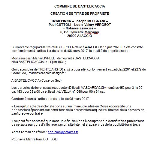 Avis de création de titre de propriété - commune de Bastelicaccia (Corse du sud)