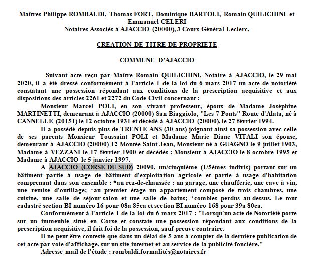 Avis de création de titre de propriété - commune d'Ajaccio (Corse du sud)