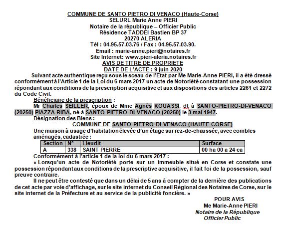 Avis de création de titre de propriété - commune de Santo-Piero-di-Venaco (Haute Corse)