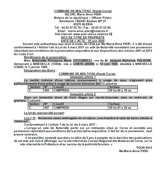 Avis de création de titre de propriété - commune de Moltifao (Haute Corse)