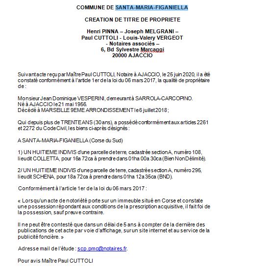 Avis de création de titre de propriété - commune de Santa-Maria-Figaniella (Corse du Sud) Avis de création de titre de propriété - commune de Santa-Maria-Figaniella (Corse du Sud)