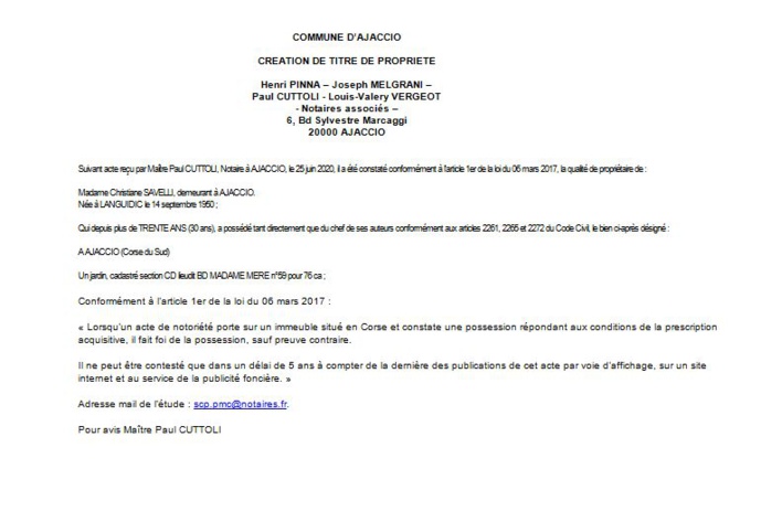 Avis de création de titre de propriété - commune d'Ajaccio (Corse du Sud) Avis de création de titre de propriété - commune d'Ajaccio (Corse du Sud)