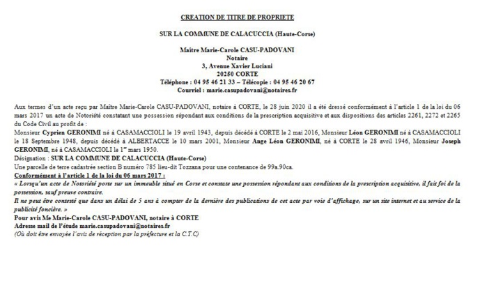 Avis de création de titre de propriété - commune de Calacuccia (Haute Corse)