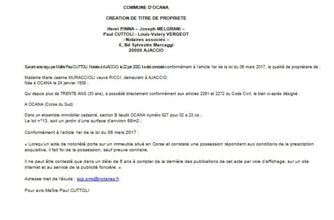 Avis de création de titre de propriété - commune d'Ocana (Corse du Sud)