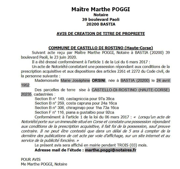 Avis de création de titre de propriété - commune de Castello di Rostino (Haute Corse) Avis de création de titre de propriété - commune de Castello di Rostino (Haute Corse)