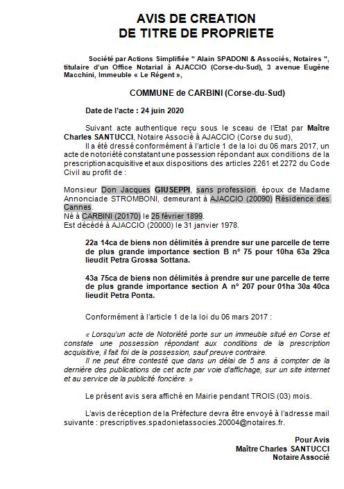 Avis de création de titre de propriété - commune de Carbini (Corse du Sud)