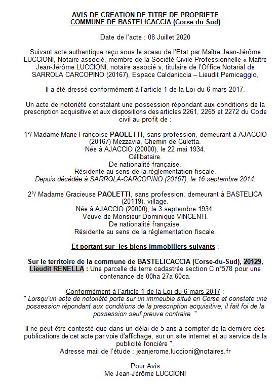 Avis de création de titre de propriété - Commune de Bastelicaccia (Corse du Sud)