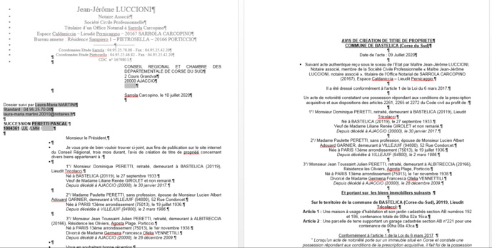 Avis de création de titre de propriété - Commune de Bastelica (Corse du Sud)  Avis de création de titre de propriété - Commune de Bastelica (Corse du Sud)