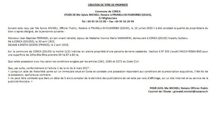 Avis de création de titre de propriété - Commune de Conca (Haute Corse)