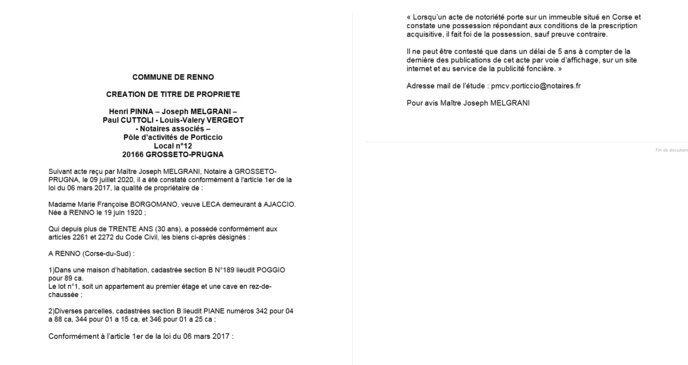 Avis de création de titre de propriété - Commune de Renno (Corse du Sud)