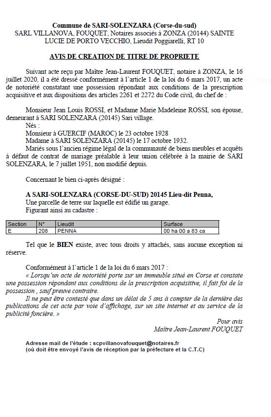 Création de titre de propriété - Commune de Sari-Solenzara(Corse du Sud) Création de titre de propriété - Commune de Sari-Solenzara(Corse du Sud)