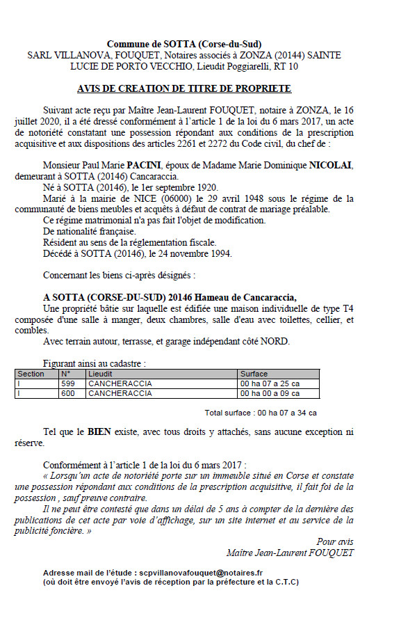 Création de titre de propriété - Commune de Sotta (Corse du Sud) Création de titre de propriété - Commune de Sotta (Corse du Sud)