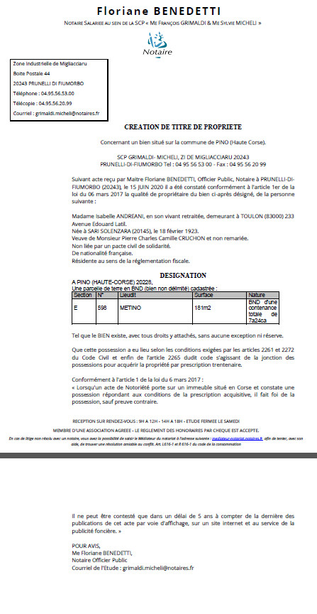 Création de titre de propriété - Commune de Pino (Haute-Corse) Création de titre de propriété - Commune de Pino (Haute-Corse)