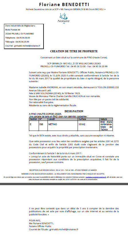 Création de titre de propriété - Commune de Pino (Haute-Corse)