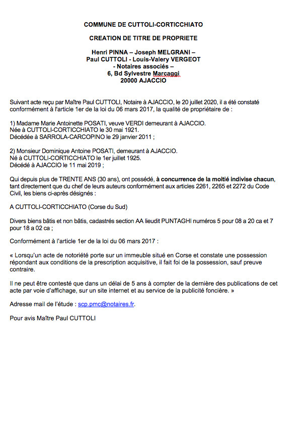 Création de titre de propriété - Commune de Cuttoli-Corticciato (Corse-du-Sud) Création de titre de propriété - Commune de Cuttoli-Corticciato (Corse-du-Sud)