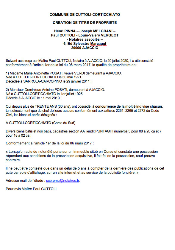 Création de titre de propriété - Commune de Cuttoli-Corticciato (Corse-du-Sud)