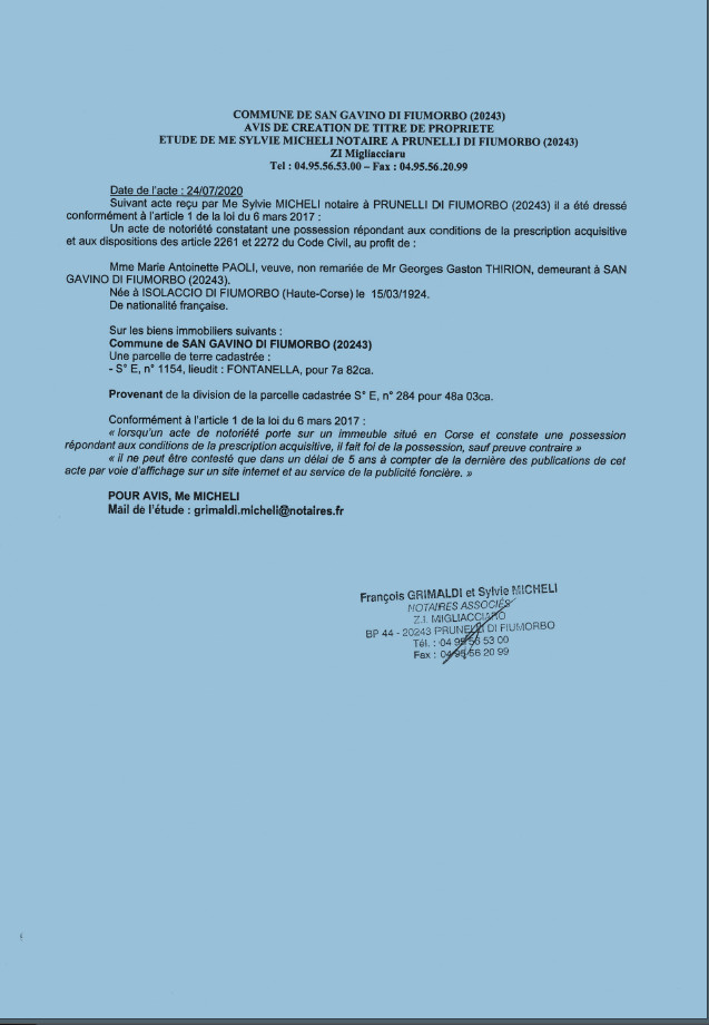 Création de titre de propriété - Commune de San Gavino di Fiumorbu (Haute-Corse)  Création de titre de propriété - Commune de San Gavino di Fiumorbu (Haute-Corse)