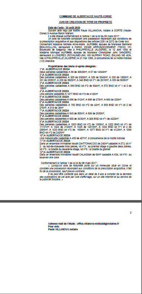 Avis de création de titre de propriété - Commune d'Albertacce (Haute-Corse) Avis de création de titre de propriété - Commune d'Albertacce (Haute-Corse)