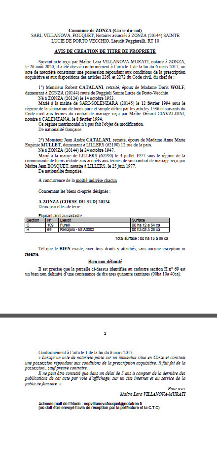 Avis de création de titre de propriété - Commune de Zonza ( Corse du Sud) Avis de création de titre de propriété - Commune de Zonza ( Corse du Sud)