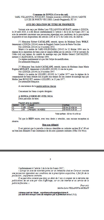 Avis de création de titre de propriété - Commune de Zonza ( Corse du Sud)