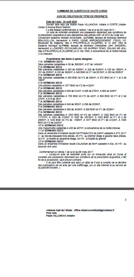 Avis de création de titre de propriété - Commune de Sermano ( Haute-Corse) Avis de création de titre de propriété - Commune de Sermano ( Haute-Corse)