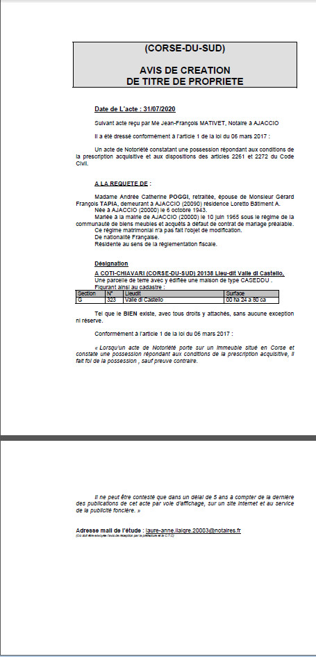 Avis de création de titre de propriété - Commune de Coti-Chiavari (Corse du Sud)) Avis de création de titre de propriété - Commune de Coti-Chiavari (Corse du Sud))
