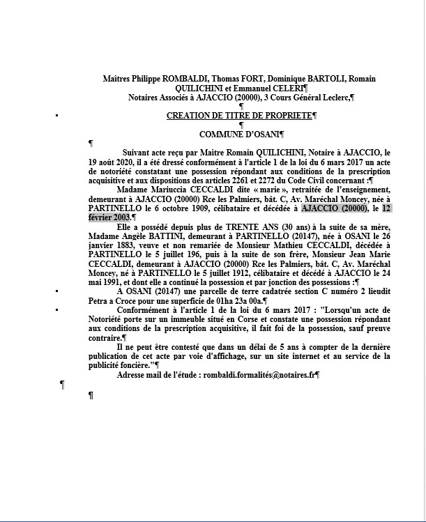Avis de création de titre de propriété - Commune d'Osani (Corse du Sud) Avis de création de titre de propriété - Commune d'Osani (Corse du Sud)