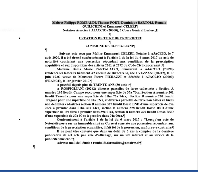 Avis de création de titre de propriété - Commune de Rospigliani (Haute-Corse) Avis de création de titre de propriété - Commune de Rospigliani (Haute-Corse)
