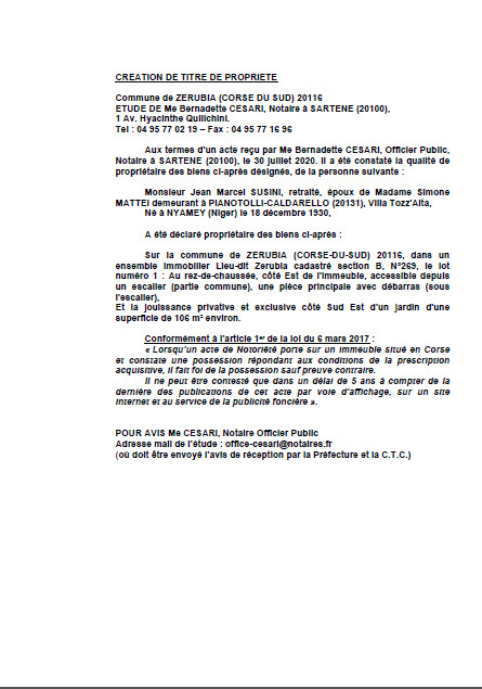 Avis de création de titre de propriété - Commune de Zerubia (Corse du Sud) Avis de création de titre de propriété - Commune de Zerubia (Corse du Sud)