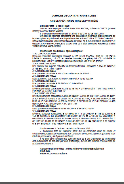 Avis de création de titre de propriété - Commune de Cartigasi ( Haute-Corse) Avis de création de titre de propriété - Commune de Cartigasi ( Haute-Corse)