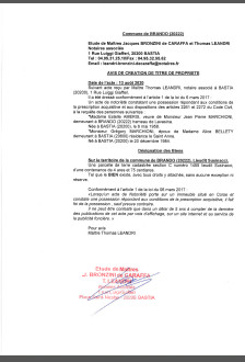 Avis de création de titre de propriété-Commune de Brando (Haute-Corse) Avis de création de titre de propriété-Commune de Brando (Haute-Corse)