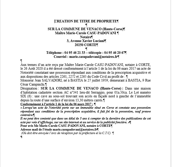 Avis de création de titre de propriété-Commune de Venaco (Haute-Corse) Avis de création de titre de propriété-Commune de Venaco (Haute-Corse)