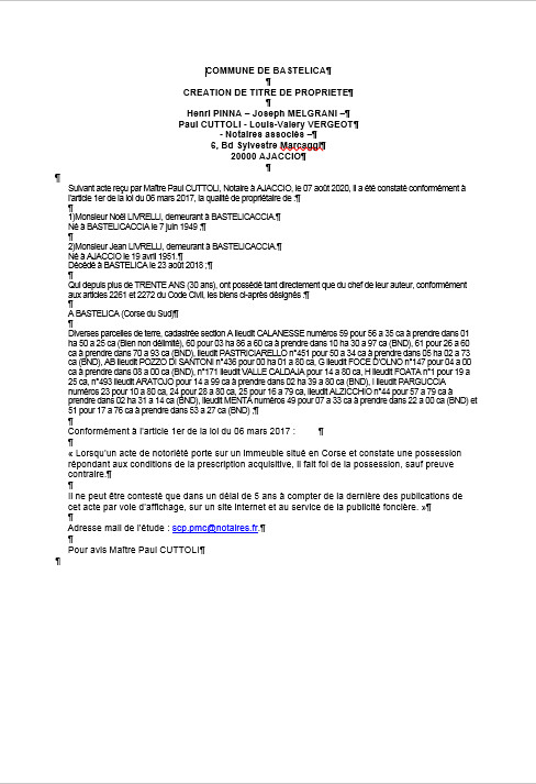 Avis de création de titre de propriété-Commune de Bastelica (Corse du Sud) Avis de création de titre de propriété-Commune de Bastelica (Corse du Sud)