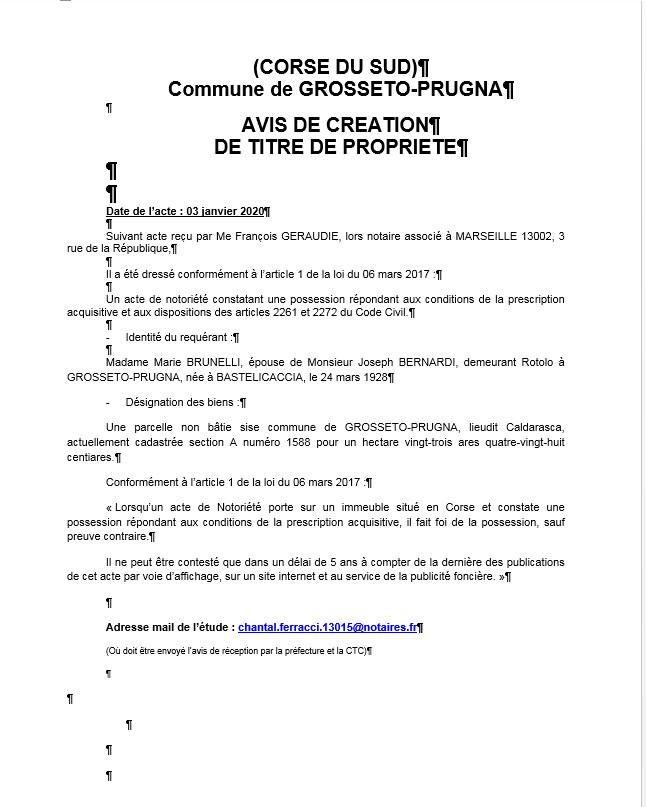 Avis de création de titre de propriété-Commune de Grosseto-Prugna (Corse du Sud)