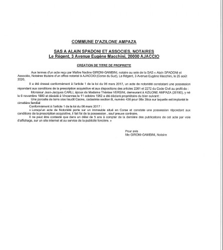 Avis de création de titre de propriété-Commune d'Azilone- Ampaza (Corse du Sud) Avis de création de titre de propriété-Commune d'Azilone- Ampaza (Corse du Sud)