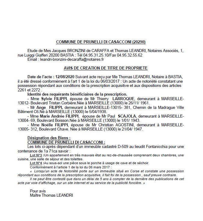 Avis de création de titre de propriété-Commune de Prunelli di Casacconi ( Haute-Corse) Avis de création de titre de propriété-Commune de Prunelli di Casacconi ( Haute-Corse)