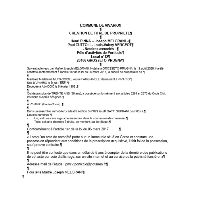 Avis de création de titre de propriété-Commune de Vivario (Haute-Corse) Avis de création de titre de propriété-Commune de Vivario (Haute-Corse)