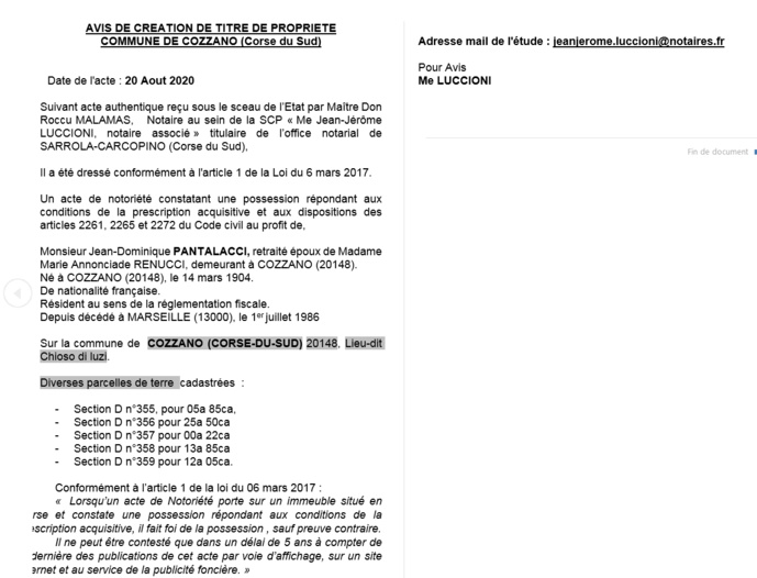 Avis de création de titre de propriété-Commune de Cozzano (Corse-du-Sud)