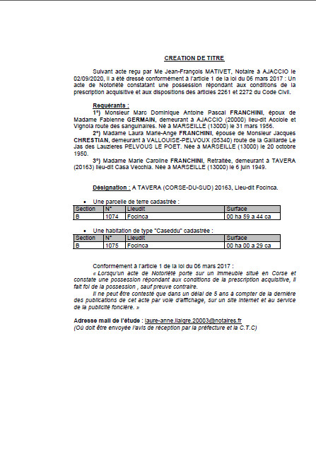 Avis de création de titre de propriété-Commune de Tavera (Corse-du-Sud) Avis de création de titre de propriété-Commune de Tavera (Corse-du-Sud)
