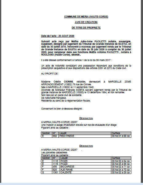 Avis de création de titre de propriété-Commune de Meria (Haute-Corse) Avis de création de titre de propriété-Commune de Meria (Haute-Corse)