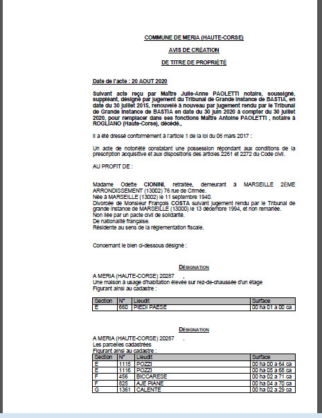  Avis de création de titre de propriété-Commune de Meria (Haute-Corse)