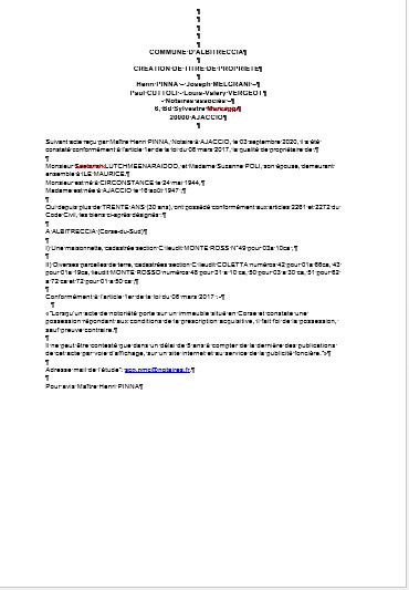 Avis de création de titre de propriété-Commune d'Albitreccia  (Corse-du-Sud)