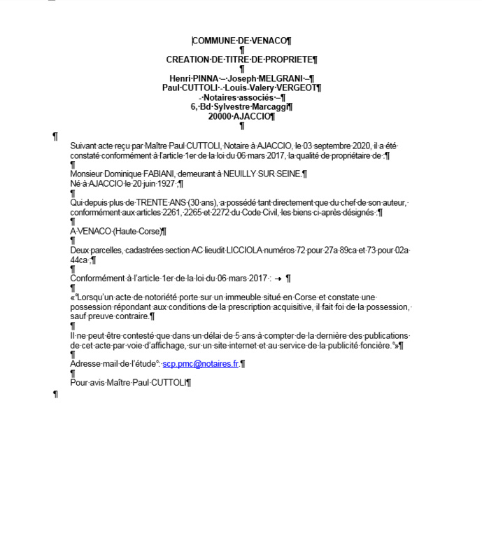 Avis de création de titre de propriété-Commune de Venaco (Haute-Corse) Avis de création de titre de propriété-Commune de Venaco (Haute-Corse)